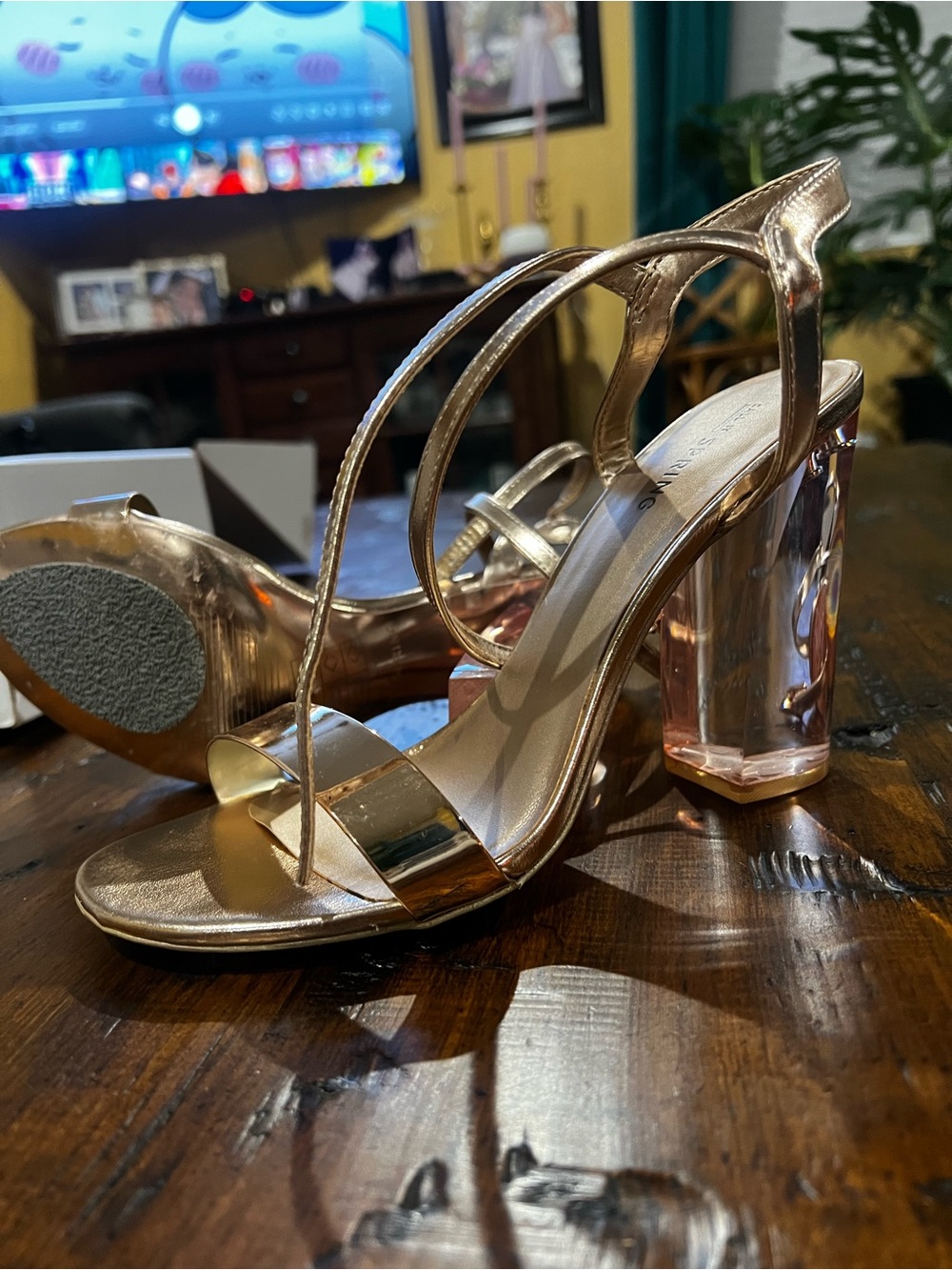 Call It Spring Metallic Rose Gold Clear Block Heel Sandals